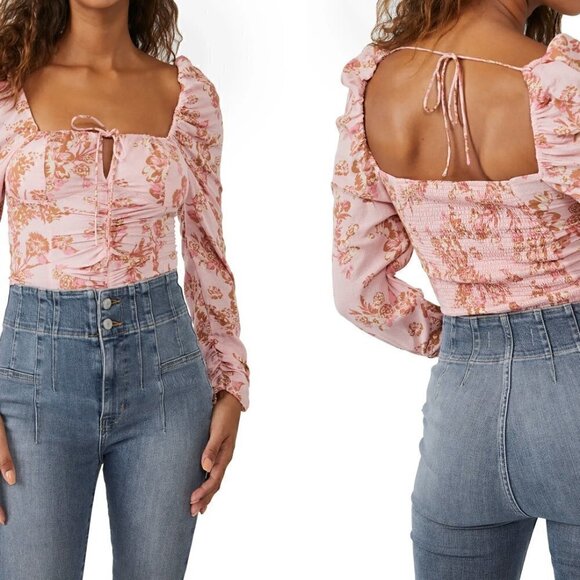Free People Tops - NEW Free People Women's Pink Print Hilary Top Long Sleeves Lightweight XS